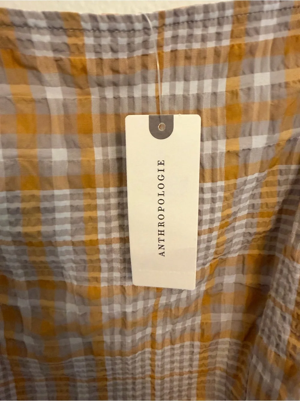 Anthropologie Mustard and Cream Plaid Puff-Sleeve Square-Neck Top